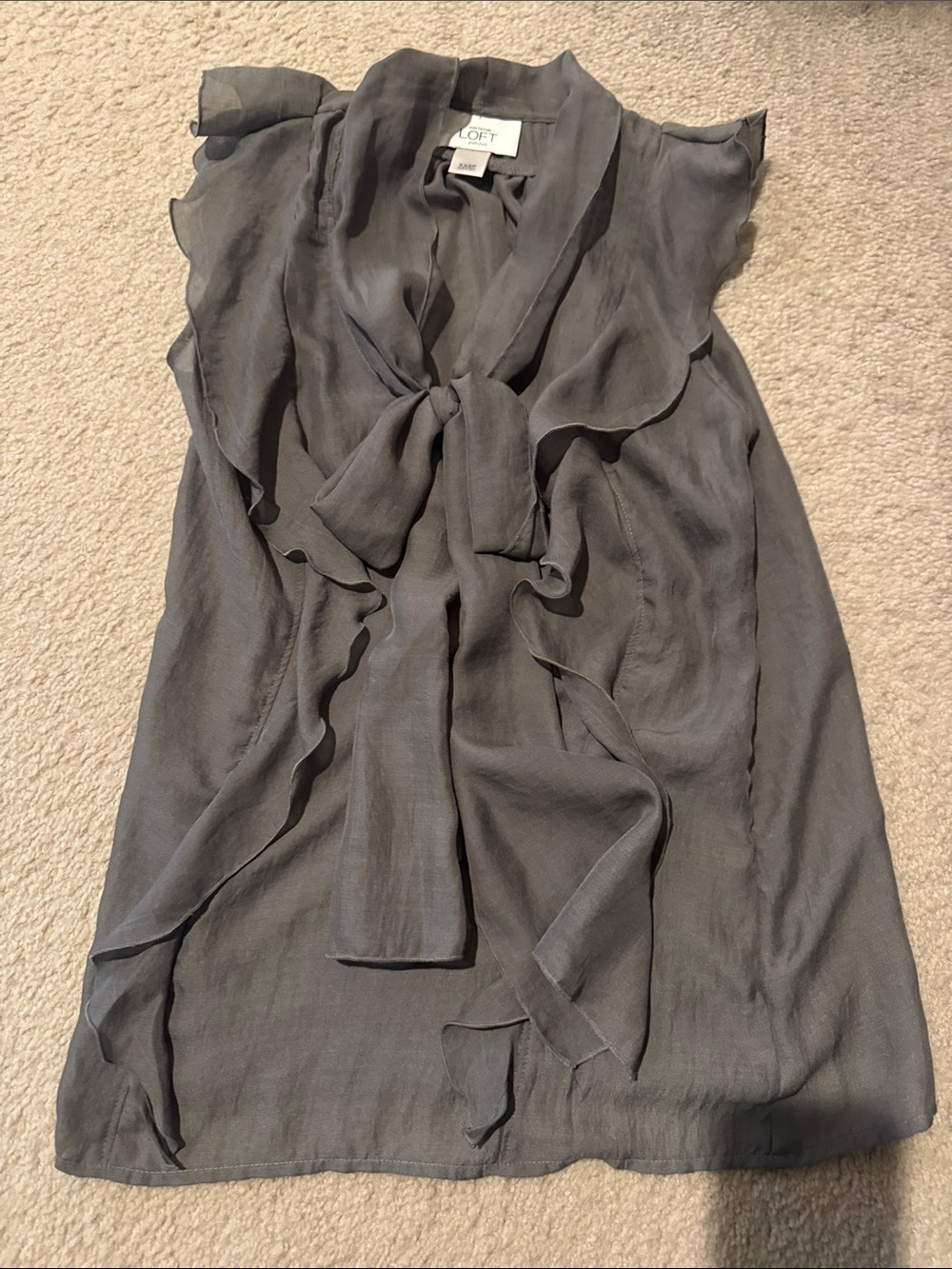 LOFT Charcoal Ruffle Tie-Neck Blouse